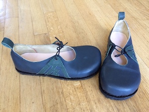 A pair of blue round-toed shoes with green accents and a black lace across the mid foot.