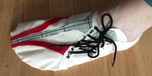 A foot wearing a white cloth shoe with black laces fastening at the side, and red and green highlights