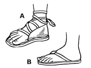 Black and white line drawing of two feet in different style sandals. A. The heel is enclosed to the mid foot, and attached to the foot with straps that wrap around the ankle. B. A flip flop.