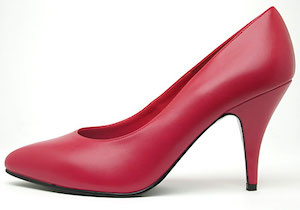 A bright red high-heeled ladies shoe seen from the side.