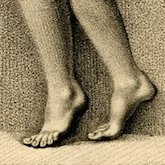 Sepia tinted drawing of two feet standing on tiptoes.